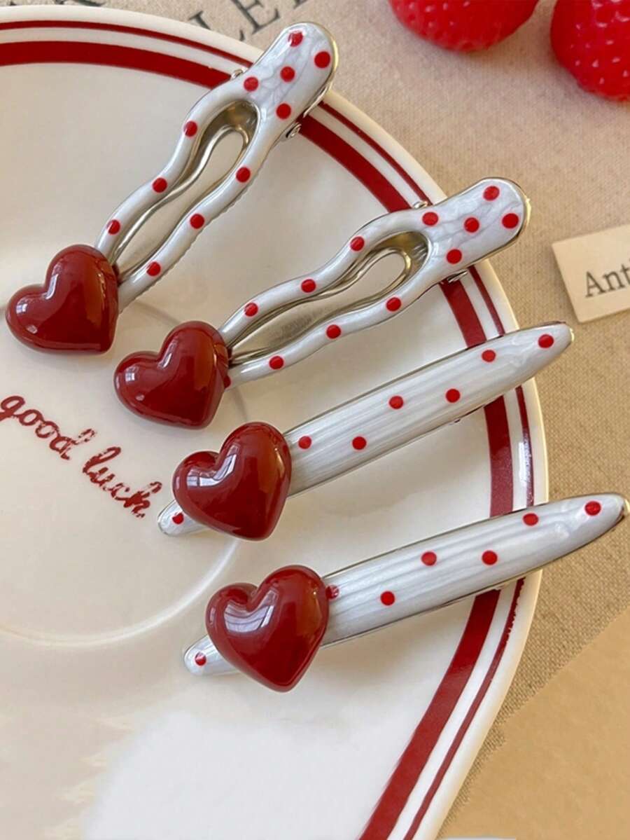 4pcs Women's Fashionable, Elegant, Sweet Elegant Heart & Polka Dot Hair Clips, Suitable For Daily Use, Home, School, Beach, Work Commute, Party, Holiday, Birthday, Back To School, New Year, Valentine's Day, Mother's Day, Wedding, Music Festival, Graduation