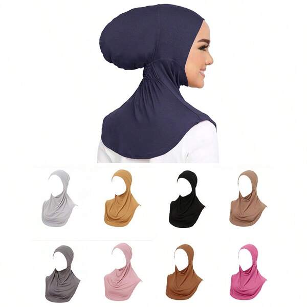 1 pieza Conjunto de sombrero para mujer con ajuste y elasticidad, pañuelo para la cabeza, sombrero de pañuelo, elegante subcasco elástico para mujer, 100% poliéster suave y transpirable. Envuelve perfectamente el cabello largo contra el sol y el polvo, protección y a prueba de viento, liviano para el Ramadán. La longitud llega hasta el hombro. Sombrero con pañuelo en 10 colores. Se puede lavar a máquina y a mano.