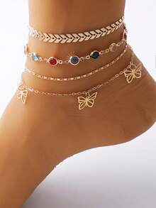4pcs Butterfly Charm Anklet Copper Jewelry - Yellow Gold - View 2