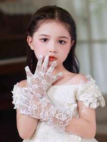 1 双女童蕾丝手套 - 白色弹力蕾丝手套，适用于婚礼、选美、花童、舞蹈表演和生日公主拍照道具（幼儿至青少年） - 白色 - 查看 10