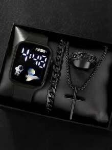1 pièce Montre numérique carrée pour homme et 3 pièces Bracelet Collier Bague, le meilleur cadeau pour Halloween