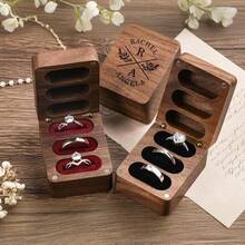 1 Pc Personalised Walnut Wood Flip Ring Box, Customized Engraved Wedding Ring Box, Engagement Ring Box, 3 Slots Ring Box, Ring Bearer Box, Anniversary, Proposal Ring Holder,Delicate Romance - Multicolor - View 3