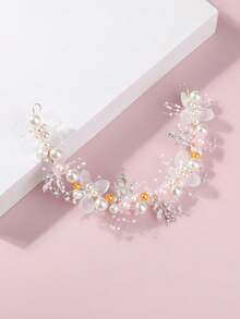 1 件新娘仿珍珠和串珠和花朵装饰林地风格发带，适合优雅清新的发型，波西米亚风头带，头巾头带，吸汗带，秋冬发饰，适合女士度假装扮