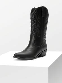 Women's Cowboy Boots Embroidery Stitching Pull-On  Almond Pointed Toe Chunky Heel Fashion Matching Dress Mid-Calf Black Boots - ĐEN/PU - Xem 10