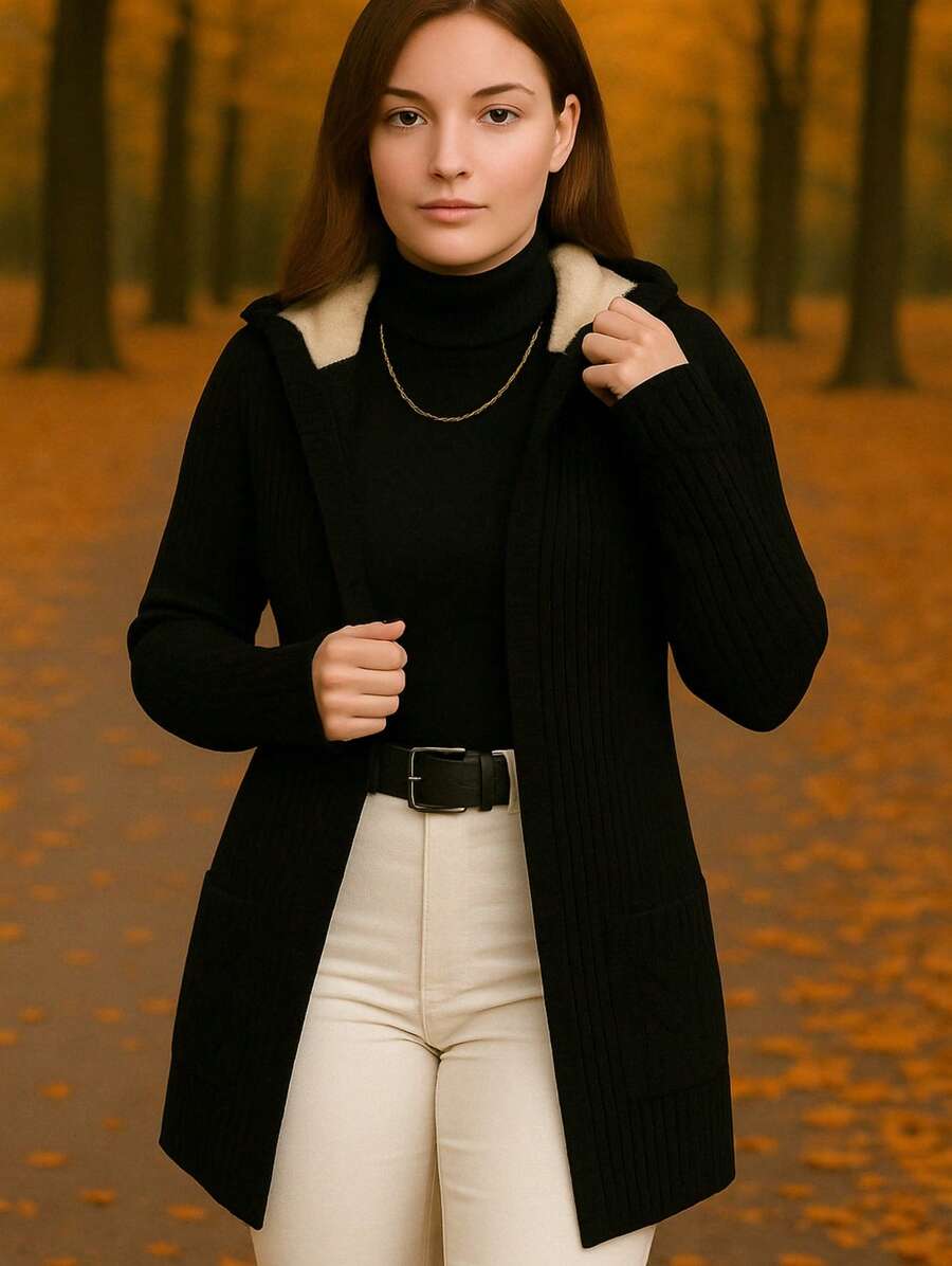 Cardigan Tejido de Punto Aborregado - Negro - Ver 1