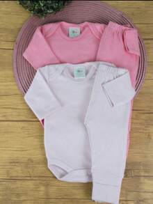 6 Piece Set Long Sleeve Bodysuit And Foot-Wrapped Trousers 100% Cotton Baby Boy And Girl Layette Newborn To 12 Months Motherhood 3 Trousers And 3 Bodysuits - 淺粉色 - 查看 3