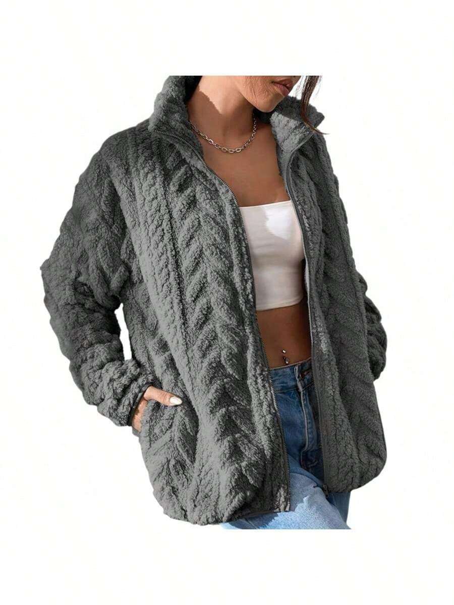 Winter  Jacket For Women Oversized Zipper Up 2025 Stand Collar With Pockets Baggy Coats - Xám - Xem 1