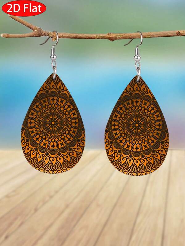 2D Flat, 1 Pair Bohemian Mandala Pattern PU Leather Earrings For Women Women Elegant Fashion Water Drop Shape Dangle Earrings Suitable For Daily, Festival And Party Wear Universal Holiday Gift
