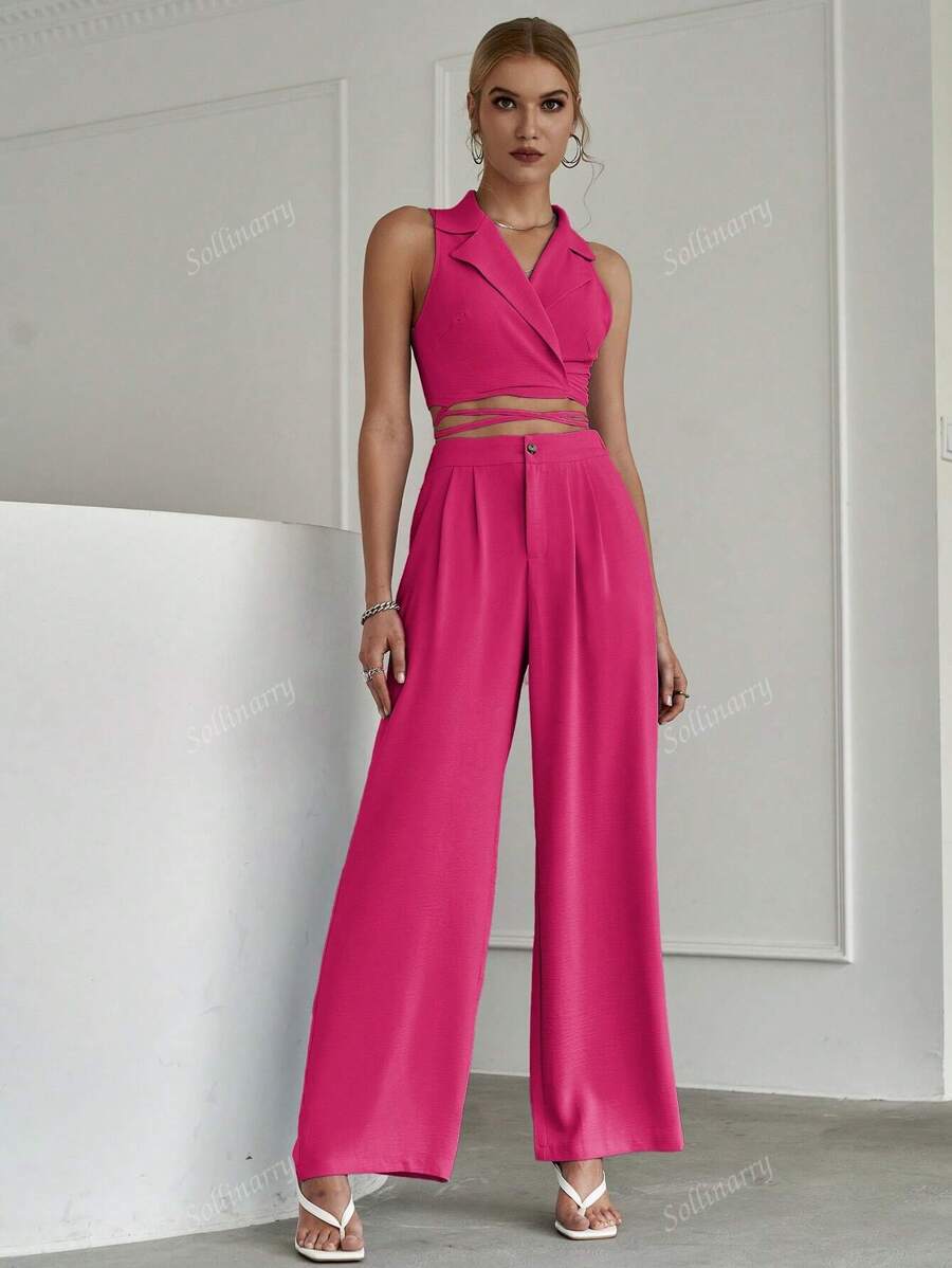 Sollinarry Women's Summer New Crisscross Tie Crop Top And Wide Leg Pants Set, Bohemian, Resort, Music Festival