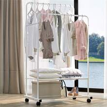 ホワイトモバイルエレガントガーメントラックデュアル洋服スタンドレールローリングハンギングシェルフクローゼット収納2段付き - ホワイト - チェックする 5