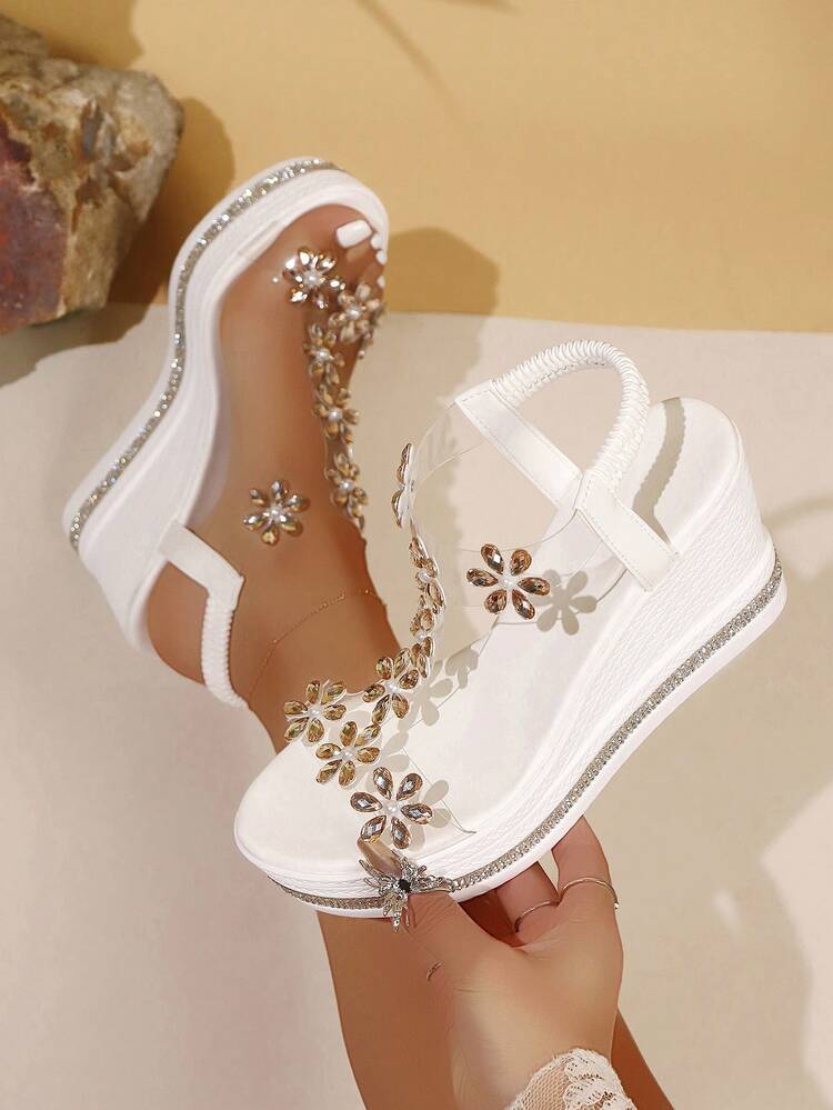 Rhinestone Decor Wedge Sandals For Women, 2025 Summer New Style Outdoor Wear, Fairy Style Versatile Platform Beach Sandals - White - View 2