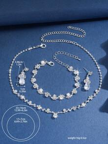 4pcs Silver-Tone Rhinestone Bridal Wedding Jewelry Set - Necklace, Earrings, Bracelet - Silver - View 3