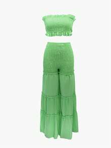 HN311 Elegant Smocked Bandeau Top & Flowy High-Waist Pants Set - Perfect For Vacation & Beach - màu xanh lá - Xem 6