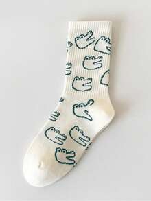 1双/5双装 女士可爱卡通鳄鱼线条画中筒袜，简约休闲时尚百搭，适合日常穿着，圣诞礼物 - 彩色 - 查看 1