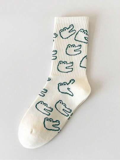 1双/5双装 女士可爱卡通鳄鱼线条画中筒袜，简约休闲时尚百搭，适合日常穿着，圣诞礼物