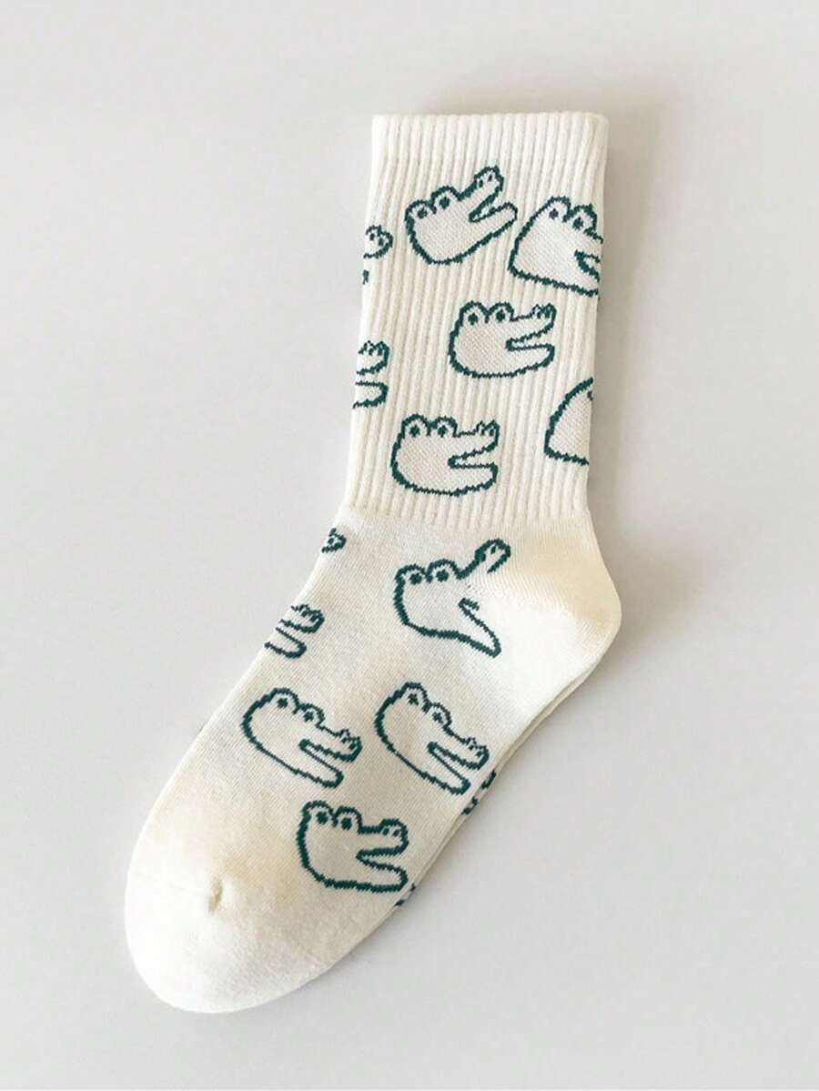 1双/5双装 女士可爱卡通鳄鱼线条画中筒袜，简约休闲时尚百搭，适合日常穿着，圣诞礼物 - 彩色 - 查看 1