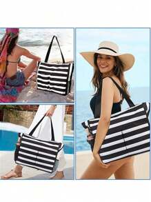 1Pc Beach Bag And Pool Bag. Has Airtight Pouch, Ton Of Pockets. Beach Tote Is Zippered, Water Repellent. Family Size Triped Waterproof Beach Tote Bag With Wet Pocket - Perfect For Pool, Gym, Grocery, And Travel, Tote Bags For Students, Multiple Compartments, Perfect For Beach, School, Work & Daily Use