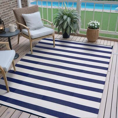 Outdoor Waterproof Patio Rug 5X8 6x9 8X10 9X12 Plastic Straw Reversible Lightweight Outside Blue White Stripe Large Carpet Outdoor For Camping RV Porch Deck Balcony Beach