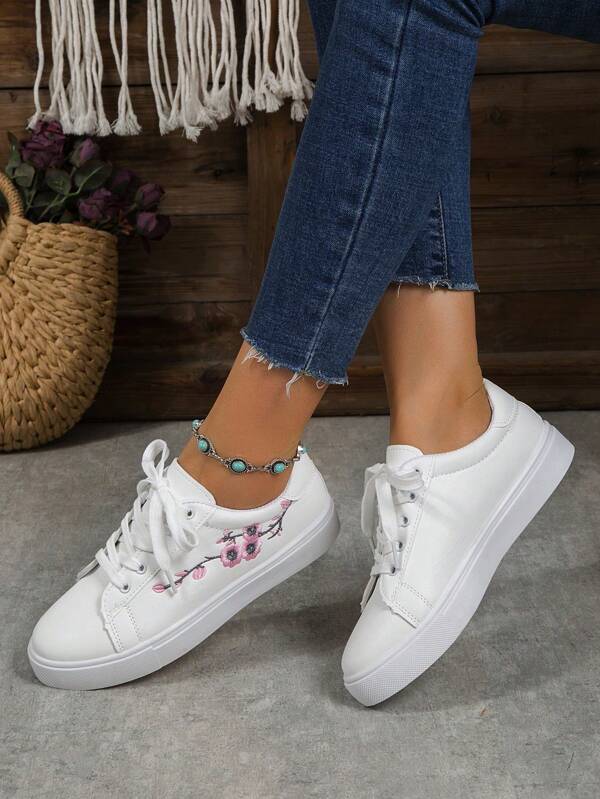 Women's White Casual Athletic Sneakers With Plum Blossom Embroidery, Lace-Up Canvas Flat Shoes & Comfortable Breathable Student Sports Shoes