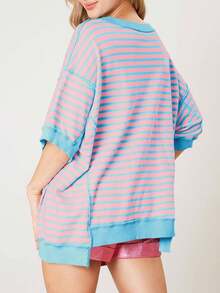 Womens Oversized Striped T Shirt Color Block Cotton Crewneck Half Sleeve Loose Fit Top - 粉色 - 查看 4