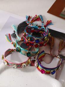 1pc Bohemian-Style Creative Fashion Elegant Minimalist Heart-Shaped Crystal Braided Bracelet For Women, Sisters, Or Couples Perfect For Daily Wear, Dates, Parties, Holidays, Gifts, Or Vacations Adjustable Size