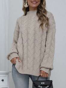 Plus Size Cable Knit Pullover Sweater, Dropped Shoulder Long Sleeve Crew Neck Warm Knitted Top Vacation - Khaki - View 5