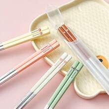 Portable 24CM 316 Stainless Steel Chopsticks With Cutlery Box, Cute Cartoon Pattern Chinese Chopsticks , High Temperature Resistant And Reusable Sushi Stick, Mildew Resistant Tableware, Dishwasher , Suitable For Student And Adult Use In Home, School, Office, Outdoor Camping, Picnic, Travel - Multicolor - View 12