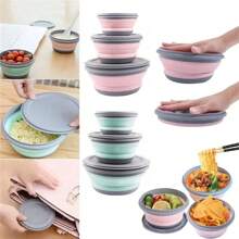 Ciotola pieghevole portatile in silicone con coperchio, durevole e facile da pulire, adatta per ufficio, all'aperto, viaggio, campeggio, picnic, forma rotonda, rosa e verde, utensili da cucina e da tavola