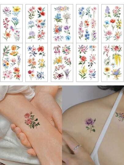 10pcs/Set Colorful Floral Temporary Tattoo Stickers, Watercolor Style Realistic Rose, Daisy, Lily Designs, Long-Lasting Waterproof, Ideal For Single Party, Women, Wrist, Arm, Collarbone, Chest, Back, Leg, Natural Beauty Lover, Daily, Vacation