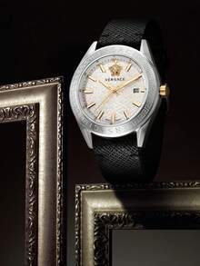 Versace 男式黑色皮革表带腕表银色调不锈钢表壳腕表适合经典商务石英表，VE6A00724 - 灰色 - 查看 4