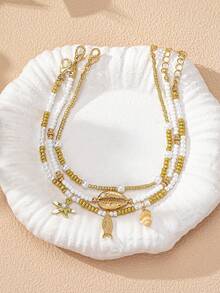 3 Pcs Bohemia White Beads Layered Anklets Set Women Fashion Summer Beach Style Starfish Fish Shell Decor Beaded Foot Chain Boho Beaded Anklet - Multicolor - View 2