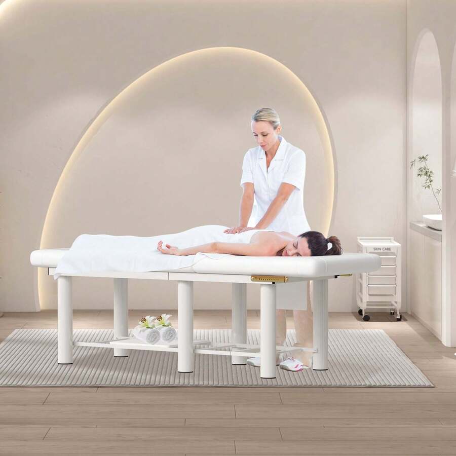 LUXMARS Stationary Massage Table Spa Table With 30°Adjustable Backrest, 600Lbs Capacity, Heavy Duty PU Leather, Full Body Bed For Beauty Hairdressing Tattoo Lash Bed, Massage Bed,Beauty Bed, Lash Table - 白色 - 查看 1