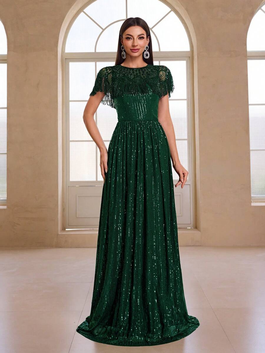 YISIKADO Women's Elegant Luxury Sequin & Bead Decor Shawl Collar Evening Dress - 墨綠色 - 查看 1