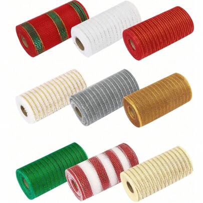 1 卷圣诞金属网丝带卷，闪亮的涤纶网状条纹设计，非常适合新年圣诞树婚礼花环 DIY 装饰服装和裙子配饰工艺品包装用品，2024 年圣诞家居装饰礼物 2025 年新年，圣诞节