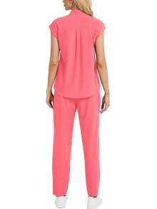 2pcs Solid Color Notched Neck Top And Pants Nursing Uniform Set Scrub Set - Watermelon Pink - View 3