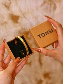 TONSI 1pc Stainless Steel 18K Gold Plated Snap Cuff Bracelet, Clover Element Cubic Zirconia Inlaid, Women Jewelry Gift Box, Birthday/Holiday Gift - Bracelet Gift Box - View 12