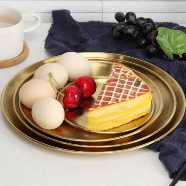 1-5pcs Stainless Steel Plates, Korean BBQ Grill Tray, Outdoor Picnic Camping Platter, Home Use Gold Round Dish Tray, Bone Plate, Cake Plate, Fruit Plate, Restaurant Food Service Plate, Steak Plate
