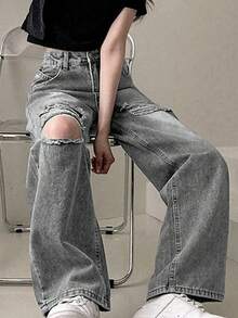 Jeans casuales y versátiles de talle alto con efecto desgastado y asimétrico, para primavera - Gris - Ver 5