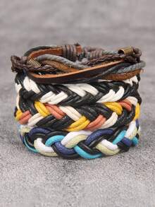 1 Set Of 4pcs Red Fashion Leather Bracelets, Unisex Adjustable Braided Leather Multi-Layers Bracelet, Retro Cuff Suitable For Daily Wear - Bracelet - View 8