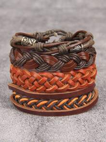1 Set Of 4pcs Red Fashion Leather Bracelets, Unisex Adjustable Braided Leather Multi-Layers Bracelet, Retro Cuff Suitable For Daily Wear - Bracelet - View 13