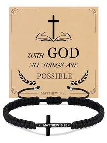 Goodwaro 1 件 18K 镀金不锈钢基督教礼物十字架手链，男/女手工编织信仰励志祈祷珠宝礼物 - 黑色 - 查看 15