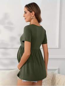 Women's Maternity Tops Short Sleeve Scoop Neck Elastic Band High Waist Shirts Pregnancy Clothes - xanh quân đội - Xem 3