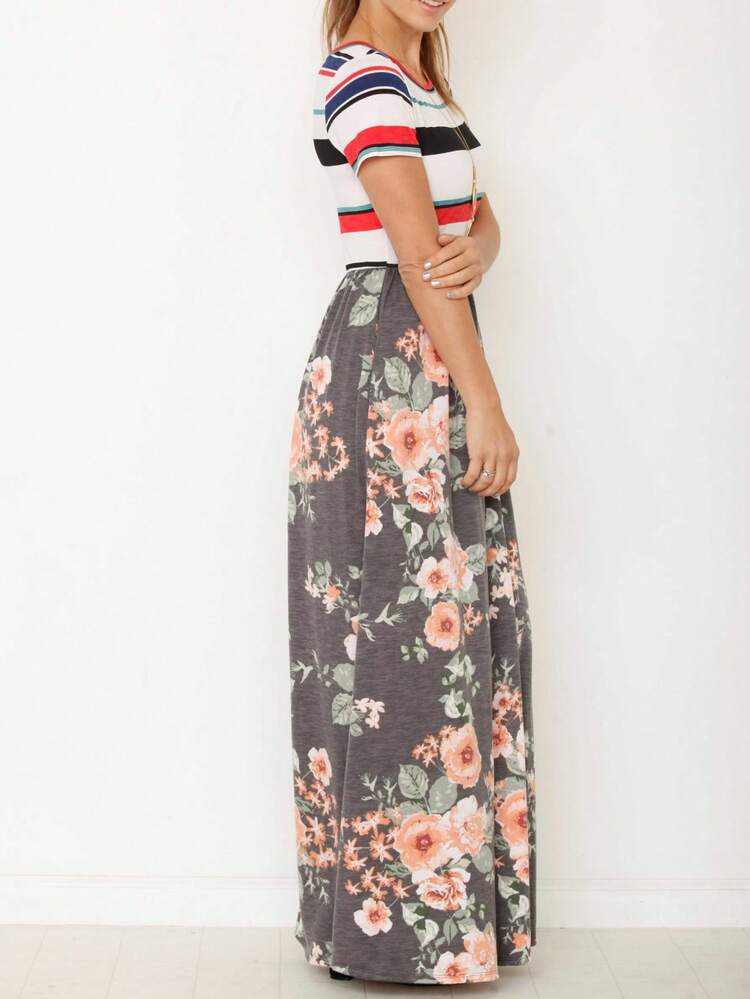 Halter Sleeveless Ditsy Floral Vacation Cruise Multi Chevron Stripe Yellow, Navy And Mint Sleeveless Maxi Dress With Pocket | S-3X - Charcoal - View 3
