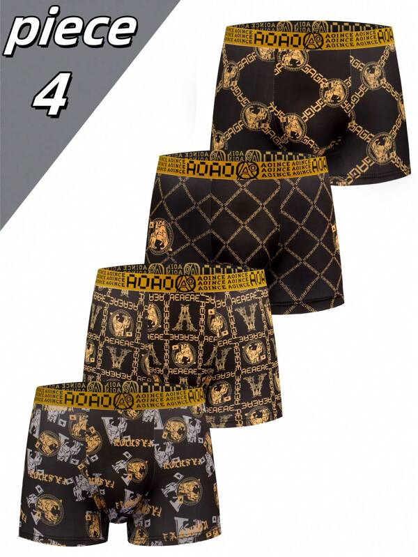 4 peças de roupa íntima masculina de alta qualidade com estampa de cantos retos, tecido macio e respirável, cós elástico confortável com letras, shorts esportivos juvenis que absorvem o suor, adequada para uso casual o ano todo