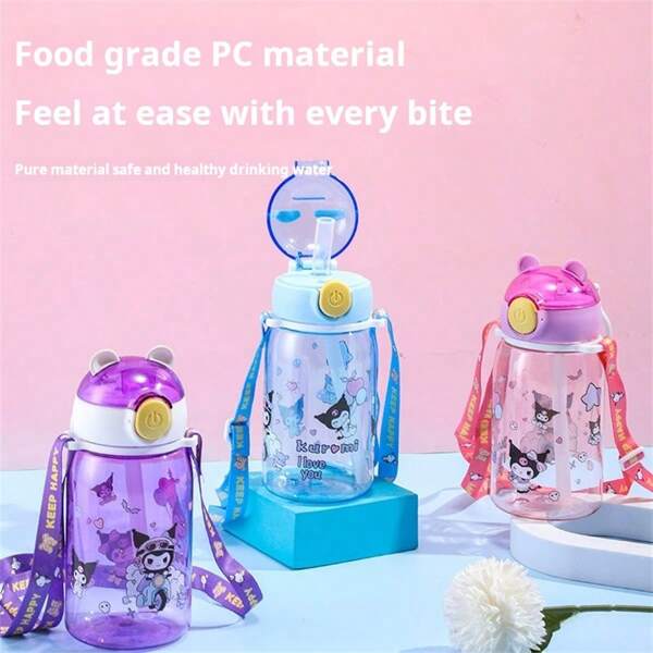 Sanrio 1pc Sanrio Kuromi Themed Kids Water Bottle, Cute & Portable Summer Cup For School, Cartoon Design With Straw