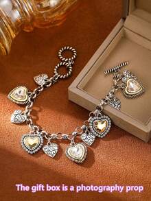 1 Piece Vintage Silver Heart Multi Charms Bracelet For Women,OT Buckle,Copper Alloy Chain,Gift For Daily Decoration Valentines,Mom,Mother,Mother's Day - Heart Multi-pendant Bracelet - View 6