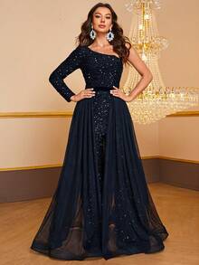 YISIKADO Women's Sequin One-Shoulder Sleeve Jumpsuit, Party & Evening Dress - Navy Blue - View 4
