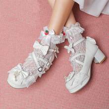 Women's Kawaii Shoes Cross Strap Pumps Cute Sweet Ankle Strap Mary Janes For Wedding Party Cospaly Lolita Style Lace Chunky Heel Pumps With Bow Pearl - 白色 - 查看 2