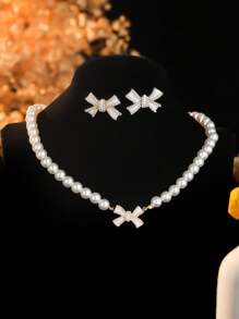 Conjunto de 3 peças de colar e brincos com laço de pérola falsa, conjunto de joias elegante e versátil, adequado para mulheres, uso diário, escola, namoro, casamento, festa, dia dos namorados, feriado