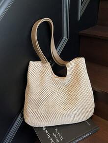 简约大容量托特包，彩虹单肩包 - 米色 - 查看 5